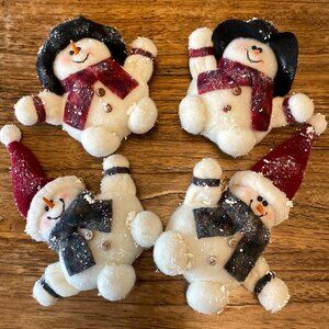 Four Cute Felt Stuffed Handmade Snowman Ornaments
